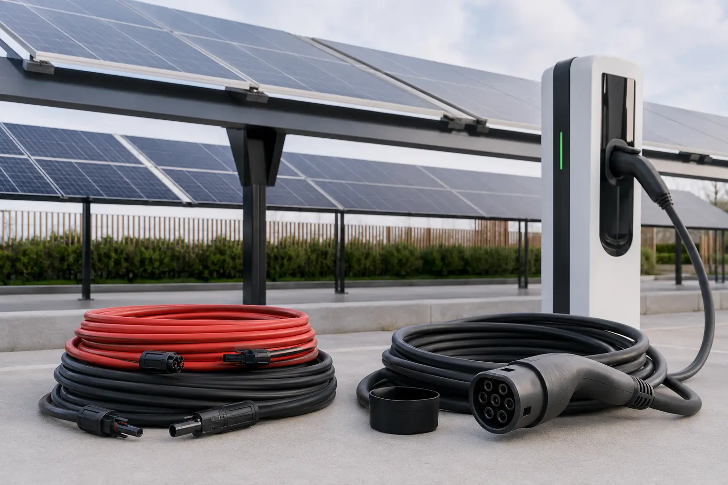 Câbles de recharge Type 2 et câbles solaires dans un carport photovoltaïque